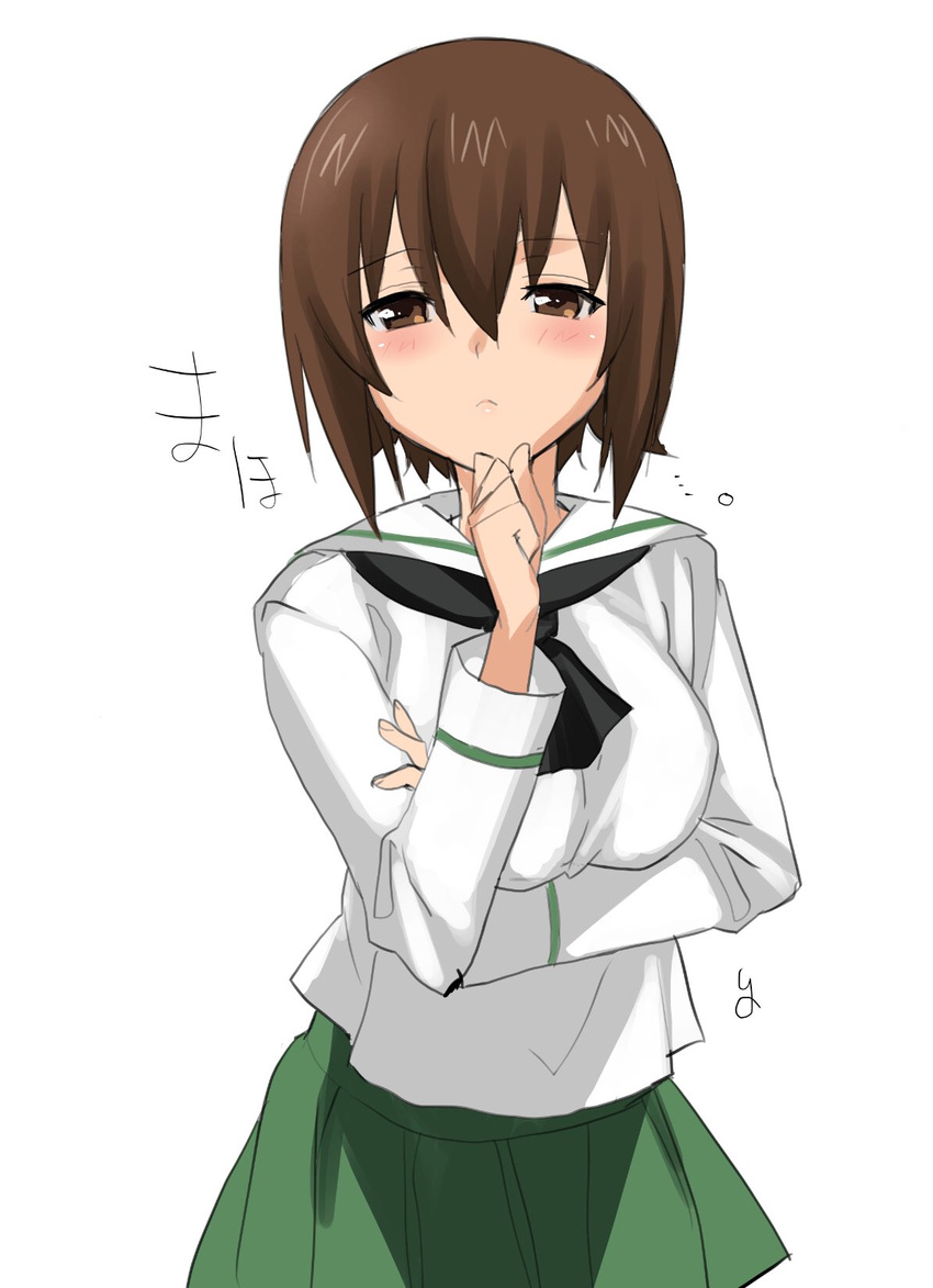 alternate_costume arm_grab bangs black_neckwear blouse blush character_name closed_mouth commentary_request girls_und_panzer green_skirt hand_on_own_chin highres light_frown long_sleeves looking_at_viewer miniskirt neckerchief nishizumi_maho ooarai_school_uniform pleated_skirt saikawa_yusa school_uniform serafuku short_hair simple_background sketch skirt solo standing upper_body white_background white_blouse