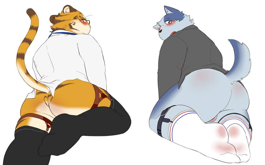 anthro balls blush butt canine clothed clothing duo eyewear feline glasses legwear looking_back male mammal open_mouth socks thick_thighs tiger wolvesmind