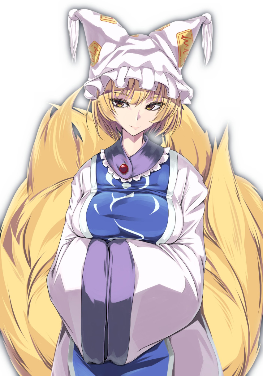 1girl animal_ears bangs blonde_hair breasts bullseye1203 closed_mouth collared_dress commentary dress eyebrows_visible_through_hair eyelashes fox_ears fox_tail frills hands_in_opposite_sleeves hat highres large_breasts long_sleeves looking_at_viewer mob_cap multiple_tails pillow_hat short_hair simple_background smile solo standing symbol_commentary tabard tail tassel touhou upper_body white_background white_dress wide_sleeves yakumo_ran yellow_eyes