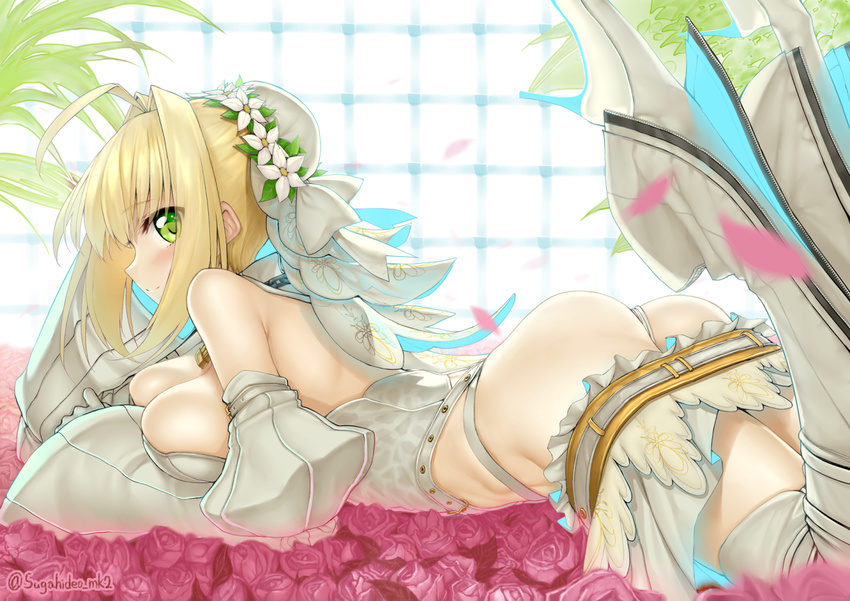 ahoge ass bare_shoulders belt blonde_hair blush boots breasts bridal_veil chain cleavage detached_sleeves eyes_visible_through_hair fate/extra fate/extra_ccc fate/grand_order fate_(series) flower flower_bed glowing green_eyes hair_flower hair_intakes hair_ornament high_heels large_breasts legs_up lock looking_at_viewer lying nero_claudius_(bride)_(fate) nero_claudius_(fate)_(all) on_stomach padlock petals plant rose short_hair skirt skirt_pull smile solo suga_hideo thigh_boots thighhighs twitter_username veil white_sleeves window zipper