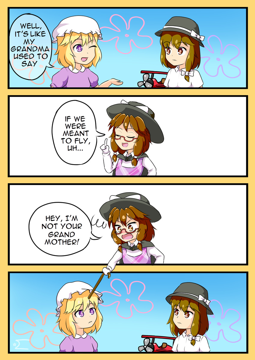 4koma absurdres aircraft airplane biplane black_hat blonde_hair bow brown_hair cane comic commentary dress english fourth_wall hat hat_bow highres index_finger_raised maribel_hearn medium_hair mob_cap multiple_girls neferkitty parody purple_dress shirt short_sleeves sky spongebob_squarepants touhou usami_renko usami_sumireko white_bow white_shirt