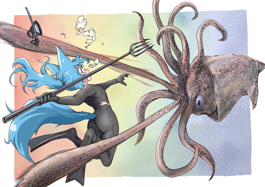 afloat air_bubble ass attack bangs blue-haired_girl_(doitsuken) blue_eyes blue_hair bodysuit bubble commentary_request diving_mask diving_suit doitsuken flippers floating_hair from_behind giant_squid harpoon highres holding holding_weapon long_hair looking_at_viewer original ponytail snorkel torn_clothes underwater weapon wide-eyed