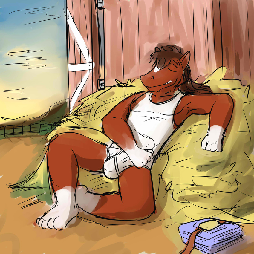 anthro barefoot barn blake_jackson briefs bulge clothed clothing equine fuze hay horse male mammal nap shirt sleeping solo tank_top tighty_whities underwear white_shirt white_underwear