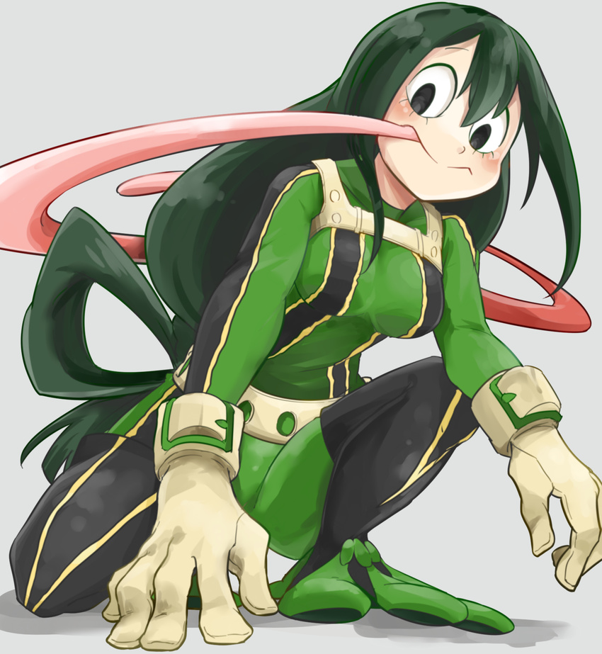 asui_tsuyu black_eyes bodysuit boku_no_hero_academia breasts frog_girl gloves green_bodysuit green_hair hair_rings highres long_hair long_sleeves long_tongue low-tied_long_hair medium_breasts one_knee simple_background solo thighhighs tongue tongue_out vorupi white_gloves