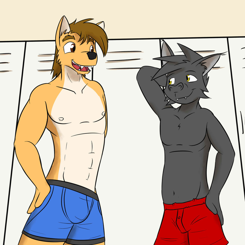 anthro bat blue_underwear boxers_(clothing) canine clothed clothing coyote duo fuze kenta_yamashita locker locker_room male mammal mond_reyes nipples open_mouth red_underwear teeth topless underwear