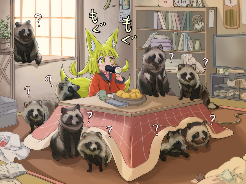 ? alarm_clock animal_ears bangs blonde_hair blunt_bangs blush book bookshelf cabinet clock clothes commentary_request cup doitsuken eating ehoumaki eyebrows_visible_through_hair flat_screen_tv food food_request fox_child_(doitsuken) fox_ears fox_tail fruit furniture highres holding indoors kotatsu long_sleeves makizushi mandarin_orange multiple_tails open_book original plant plate potted_plant short_eyebrows sushi table tail tanuki television thick_eyebrows two_tails wall_clock window
