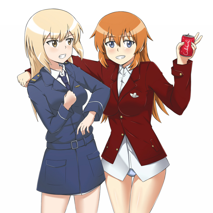 blonde_hair can charlotte_e_yeager commentary_request marian_e_carl multiple_girls nomad_(mjauharazhar) orange_hair soda_can strike_witches world_witches_series