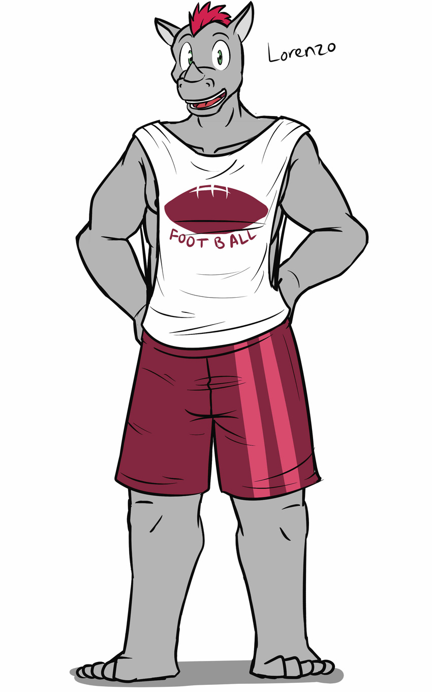 anthro character_name clothed clothing fuze lorenzo_(fuze) male mammal rhinoceros shirt shorts solo standing tank_top texnatsu