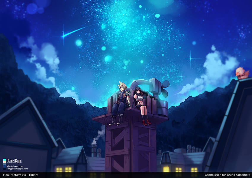 1girl black_hair blonde_hair boots chimney chocobo cloud_strife commentary commission daniel_bogni final_fantasy final_fantasy_vii long_hair low-tied_long_hair midriff navel night night_sky rooftop sitting sky smile spiked_hair star_(sky) suspenders tifa_lockhart town water_tower