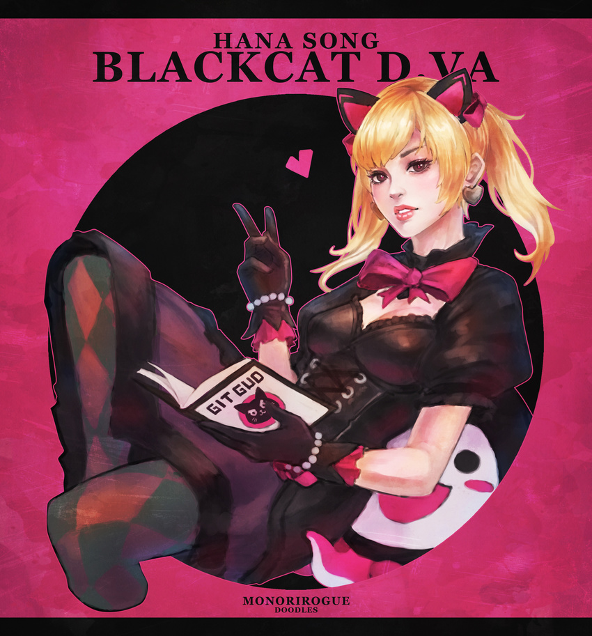 absurdres alternate_costume alternate_hair_color alternate_hairstyle animal_ears argyle argyle_legwear black_cat_d.va black_dress black_gloves black_legwear book bow cat_ears character_name checkered checkered_legwear commentary d.va_(overwatch) dress earrings fake_animal_ears gloves heart heart_earrings highres jewelry looking_at_viewer monori_rogue open_book overwatch pantyhose parted_lips solo v