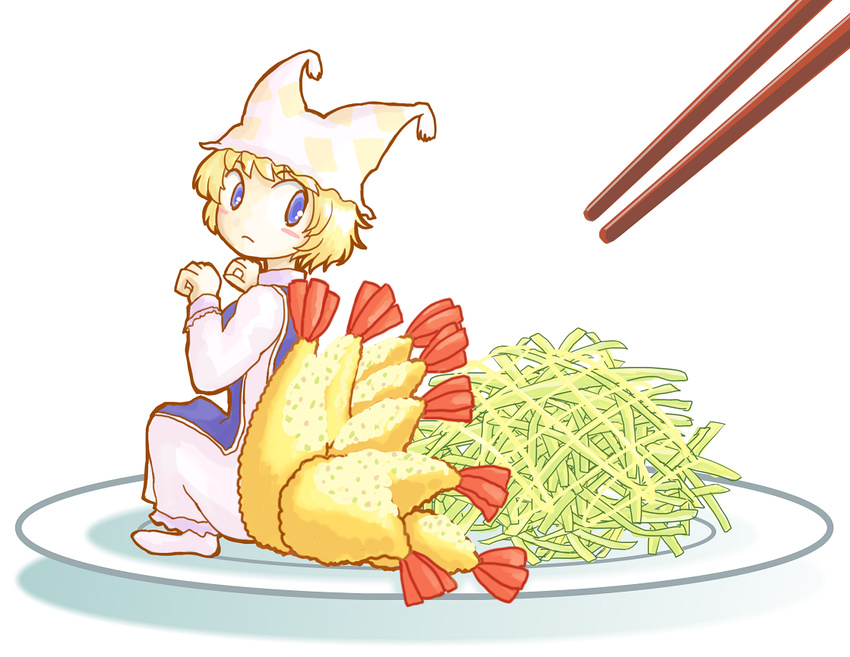 blonde_hair blue_eyes blush chopsticks food hat kamexmusi looking_back minigirl plate shrimp shrimp_tempura solo tail tempura touhou vegetable yakumo_ran