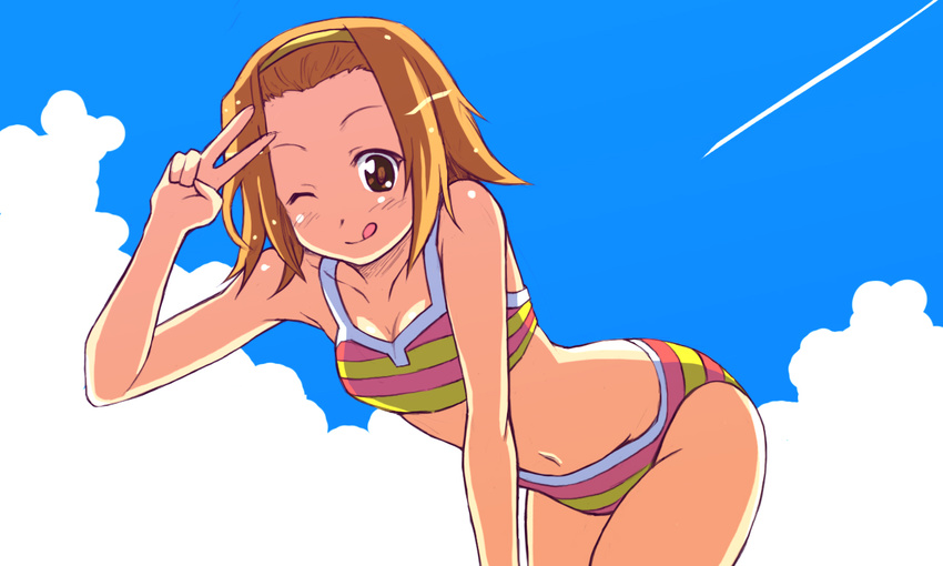 ;q bare_shoulders bent_over bikini brown_eyes brown_hair hairband k-on! kiyune navel one_eye_closed salute short_hair smile solo striped striped_bikini striped_swimsuit swimsuit tainaka_ritsu tongue tongue_out v
