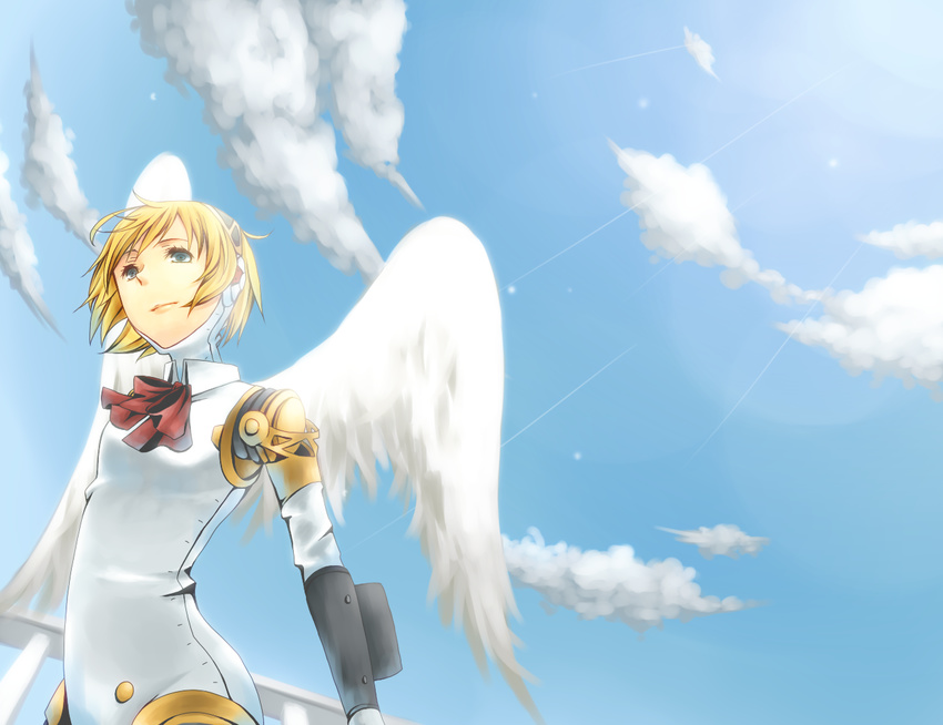 aegis_(persona) android blonde_hair blue_eyes bow cloud day kutsushita_(jur) persona persona_3 sky solo wings