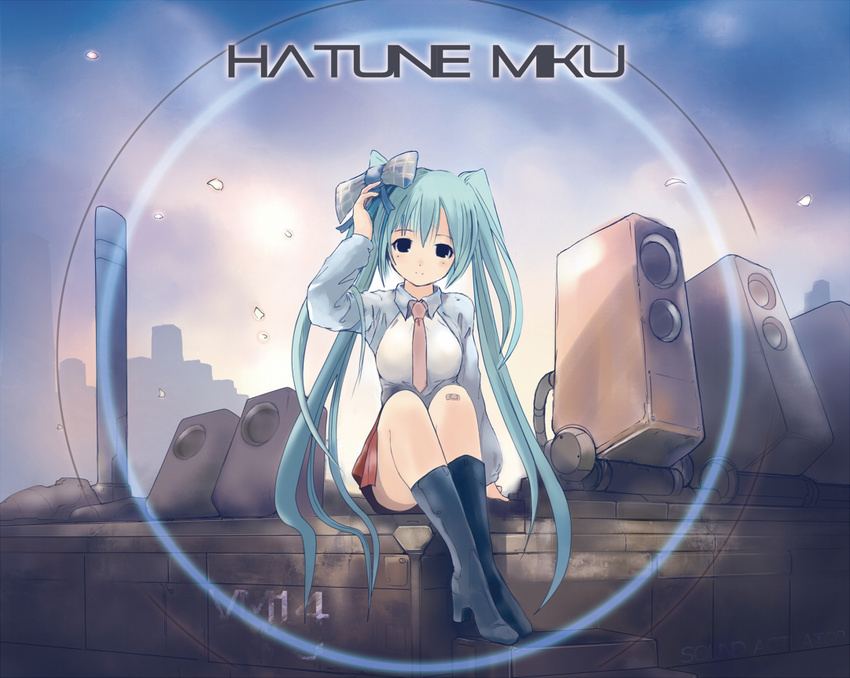 aqua_hair bandaid boots bow character_name h016 hair_bow hatsune_miku high_heels kunreishiki long_hair necktie shoes sitting skirt solo twintails very_long_hair vocaloid