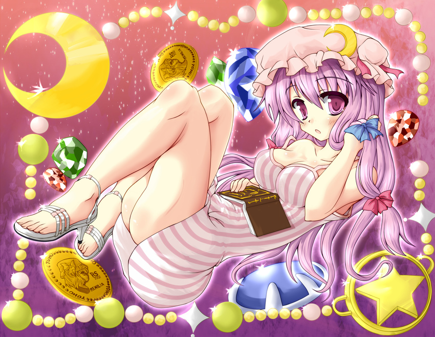 :o bare_legs book chemise crescent gem hand_in_hair hat high_heels hiiragi_tomoka legs long_hair looking_at_viewer patchouli_knowledge pink_hair purple_eyes purple_hair remilia_scarlet sandals shoes solo strap_slip touhou