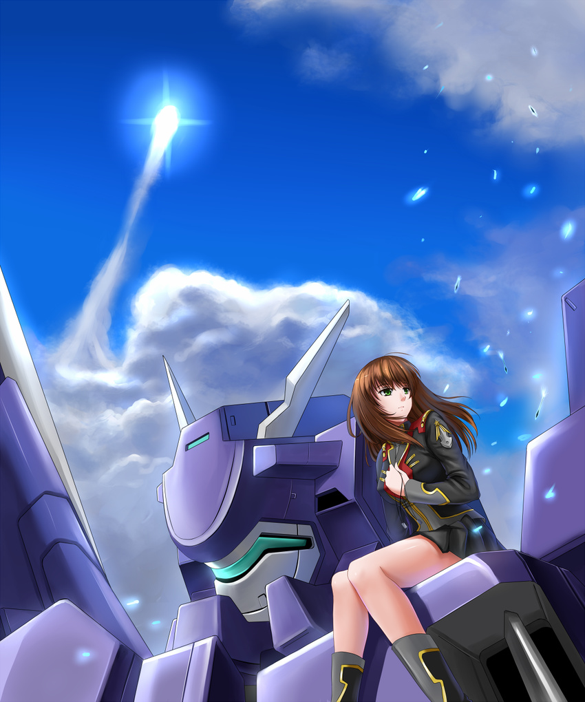 balgora boots brown_hair cloud day dog_tags green_eyes highres legs long_hair long_legs mecha military military_uniform setsuko_ohara super_robot_wars super_robot_wars_z thighs uniform wind windtalker