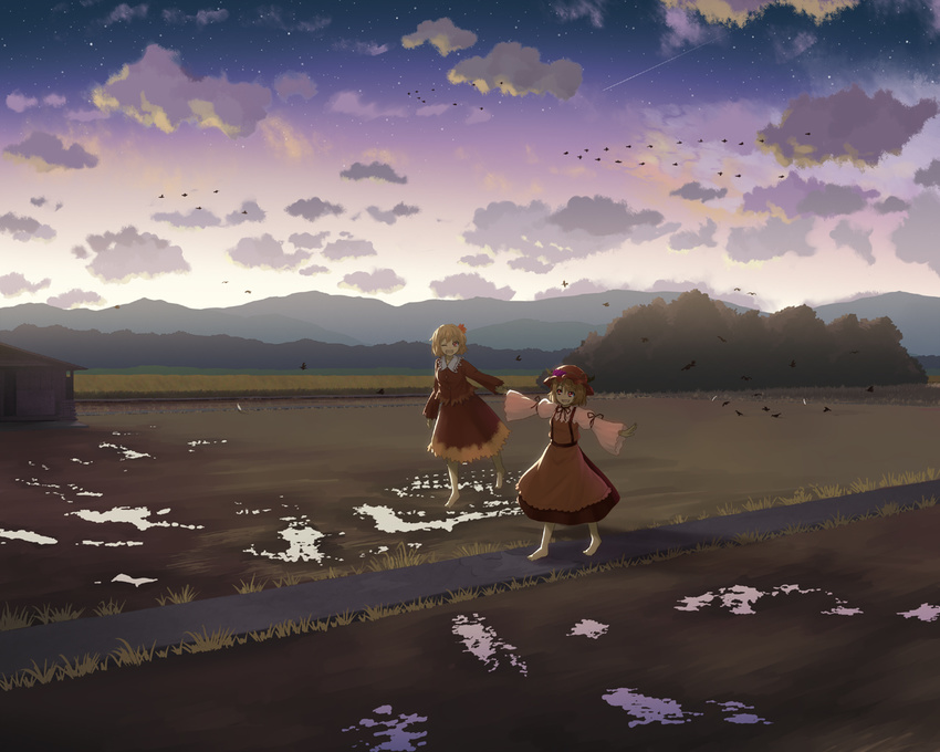 aki_minoriko aki_shizuha bird blonde_hair cloud crow dress evening farm field flood food fruit grapes hair_ornament hat holding_hands house kuro_oolong leaf multiple_girls one_eye_closed outstretched_arms red_eyes road scenery shooting_star siblings sisters sky smile star sunset touhou water