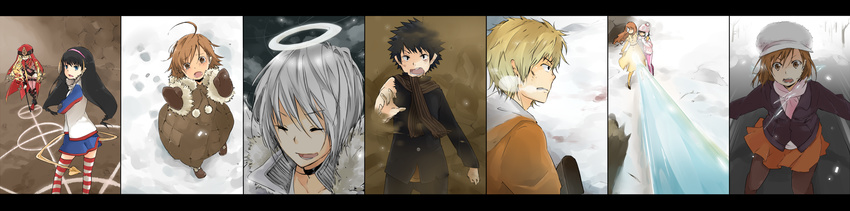 6+girls accelerator ahoge bad_id bad_pixiv_id black_hair blonde_hair blue_eyes brown_eyes brown_hair closed_eyes coat fur_hat halo hamazura_shiage hat highres kamijou_touma last_order lessar long_image misaka_mikoto mittens mugino_shizuri multiple_boys multiple_girls sasha_kruschschev scarf skirt takitsubo_rikou tears to_aru_majutsu_no_index tokone white_hair wide_image winter_clothes