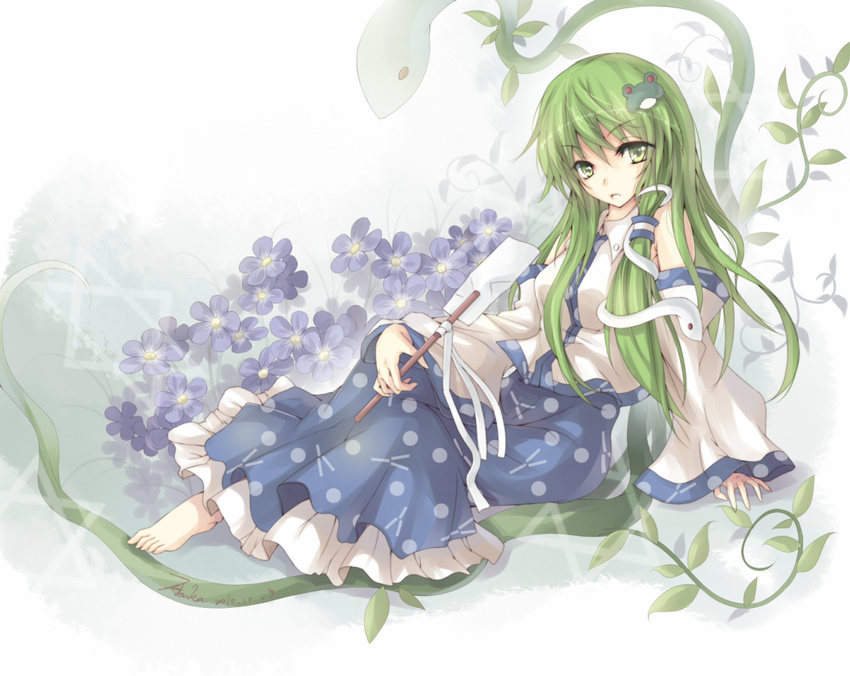 arm_support asuka_(louyun) bad_id bad_pixiv_id barefoot crossed_legs detached_sleeves feet flower gohei green_eyes green_hair hair_ornament hands kochiya_sanae long_hair plant sitting snake solo touhou vines