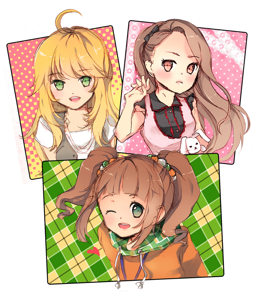 blonde_hair brown_eyes brown_hair bunny casual green_eyes highres hoshii_miki idolmaster idolmaster_(classic) idolmaster_2 long_hair minase_iori multiple_girls plaid stuffed_animal stuffed_bunny stuffed_toy takatsuki_yayoi taroll