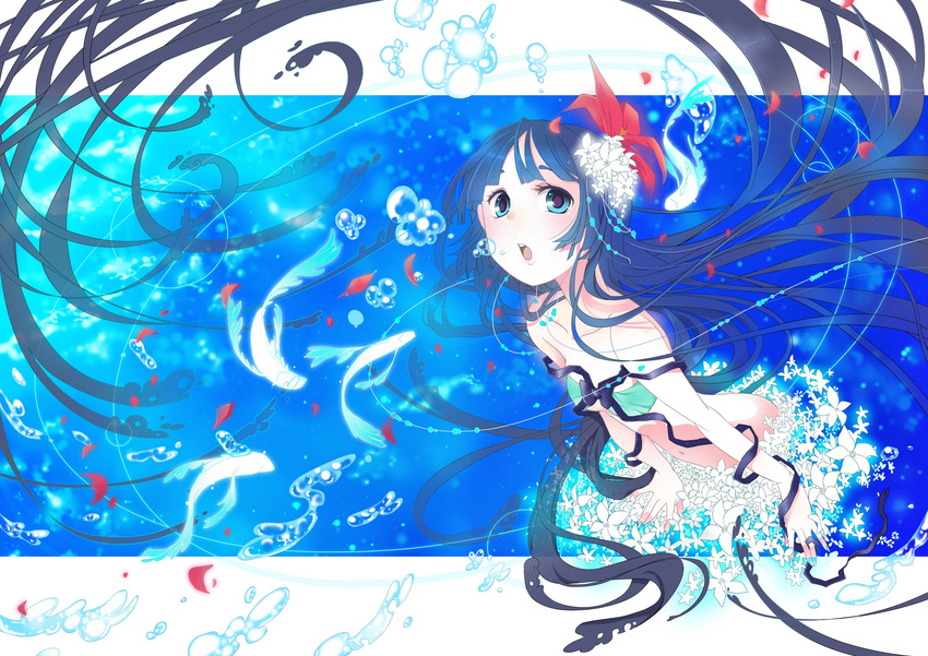 air_bubble bad_id bad_pixiv_id bangs black_hair blue_eyes bubble bubble_blowing fish flower hair_flower hair_ornament highres hiiro_(kikokico) long_hair open_mouth original solo underwater