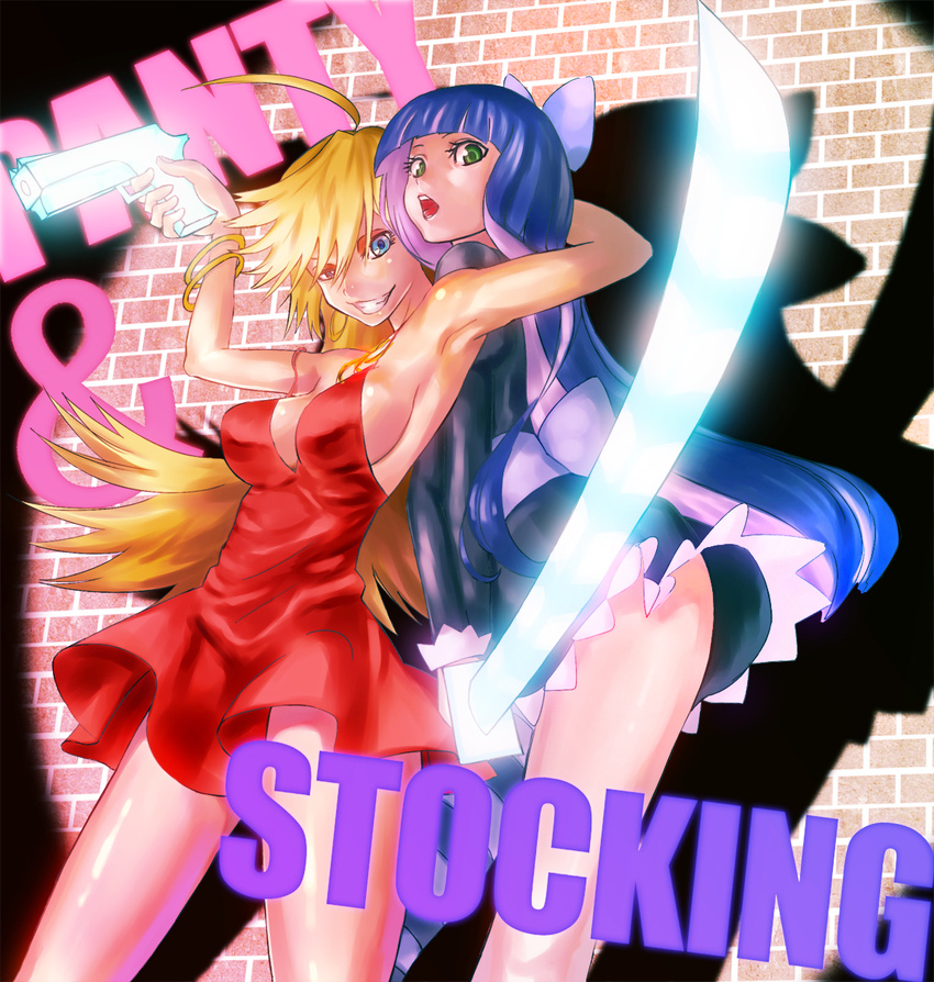 armpits bare_shoulders blonde_hair blue_eyes bracelet breasts dress green_eyes grin hair_ribbon hei_(heiyohei) highres hug jewelry large_breasts long_hair multiple_girls open_mouth panty_&amp;_stocking_with_garterbelt panty_(psg) purple_hair red_dress ribbon short_dress smile stocking_(psg) sword wall weapon