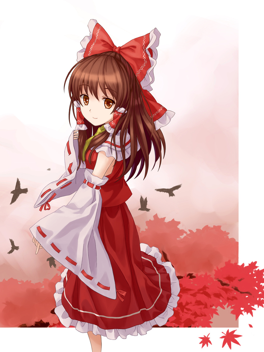 ascot autumn bird bow brown_eyes brown_hair crow detached_sleeves hair_bow hakurei_reimu highres leaf light_smile maple_leaf solo touhou tree tucana