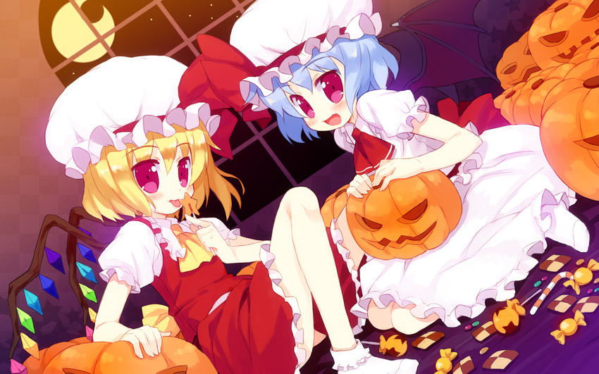 bat_wings blonde_hair blue_hair candy flandre_scarlet food halloween hat highres jack-o'-lantern meito_(maze) multiple_girls ponytail pumpkin red_eyes remilia_scarlet short_hair siblings side_ponytail sisters socks touhou wallpaper wings