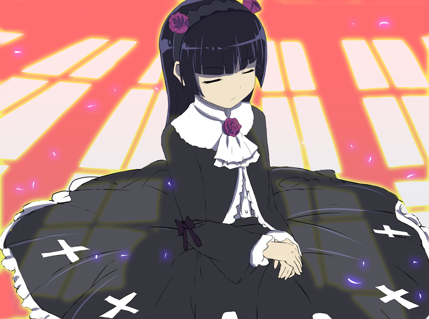 bad_id bad_pixiv_id bangs black_hair blunt_bangs closed_eyes dress flower frills gokou_ruri gothic_lolita hairband highres lolita_fashion long_hair mole mole_under_eye ore_no_imouto_ga_konna_ni_kawaii_wake_ga_nai purple_flower purple_rose rose senya_fuurin sitting solo