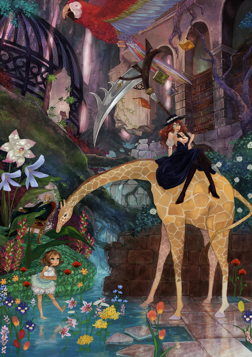 bare_shoulders barefoot beard bird bloomers blue_eyes book bookshelf bow bowtie breasts brown_hair bunny chair cleavage closed_eyes dress eyepatch facial_hair flower formal giraffe hat high_heels highres iris_(flower) lily_(flower) long_hair macaw medium_breasts multiple_girls nature open_mouth orchid original overgrown pantyhose parrot pisuke pixiv_festa poppy_(flower) red-and-green_macaw red_hair rose scythe shoes sitting sleeveless sleeveless_dress suit surreal tulip underwear water weapon white_flower white_rose
