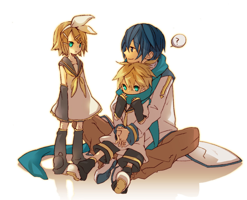 2boys :t ? aqua_hair blonde_hair blue_eyes blue_hair child hair_ornament hair_ribbon hairclip kagamine_len kagamine_rin kaito kuusou_ryodan multiple_boys ribbon scarf shared_scarf short_hair simple_background smile tears vocaloid