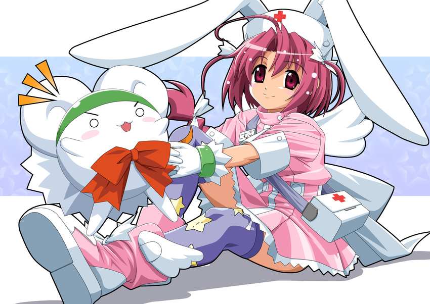 animal_ears first_aid_kit gloves hal_(21) hat highres mugimaru nakahara_komugi name_tag nurse nurse_cap nurse_witch_komugi-chan pink_eyes pink_hair solo thighhighs wings