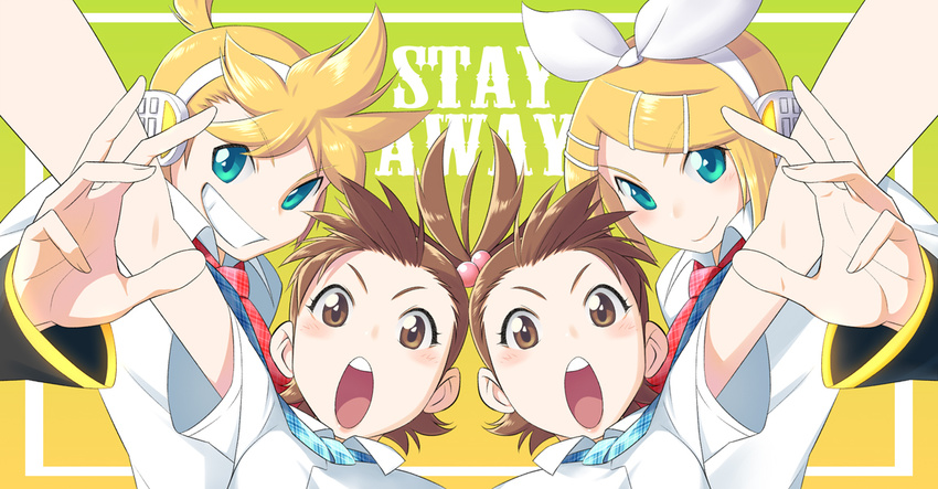 3girls blonde_hair blue_eyes brother_and_sister brown_eyes brown_hair crossover detached_sleeves futami_ami futami_mami hair_bobbles hair_ornament hair_ribbon headphones idolmaster idolmaster_(classic) kagamine_len kagamine_rin multiple_girls necktie ribbon sat school_uniform seiyuu_connection shimoda_asami short_hair siblings side_ponytail sisters twins vocaloid