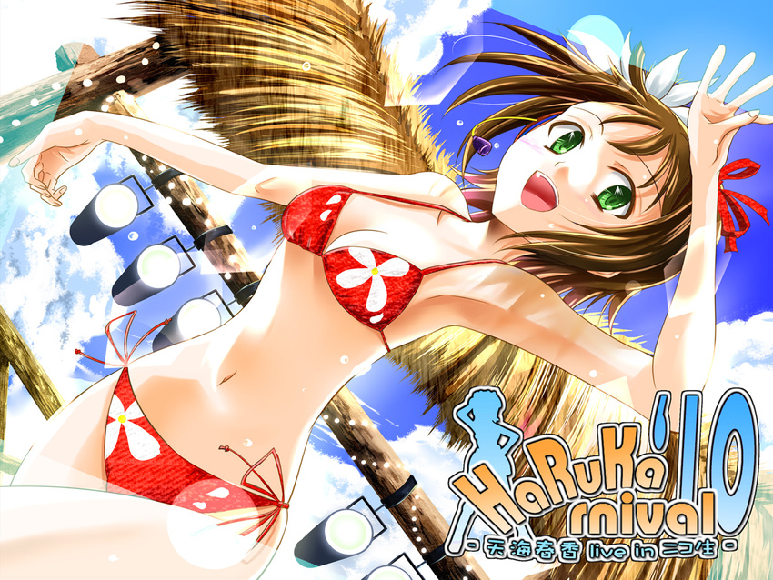 amami_haruka bikini brown_hair dutch_angle floral_print green_eyes idolmaster idolmaster_(classic) kuno_touya lights red_bikini short_hair solo swimsuit