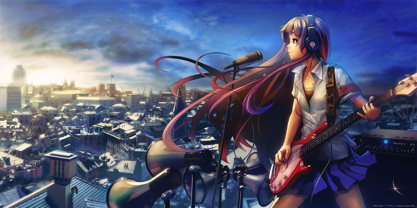 bad_id bad_pixiv_id bass_guitar cityscape headphones highres instrument ize long_hair microphone original solo