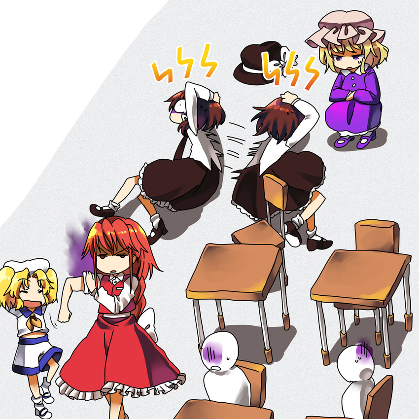 angry arms_behind_head bad_id bad_pixiv_id blonde_hair blue_sailor_collar braid brown_hair chair classroom desk embarrassed hachi_(8bit_canvas) hands_on_own_head hat hat_removed headwear_removed highres kitashirakawa_chiyuri maribel_hearn midriff multiple_girls okazaki_yumemi pain red_hair rolling sailor sailor_collar sleeves_rolled_up touhou touhou_(pc-98) usami_renko