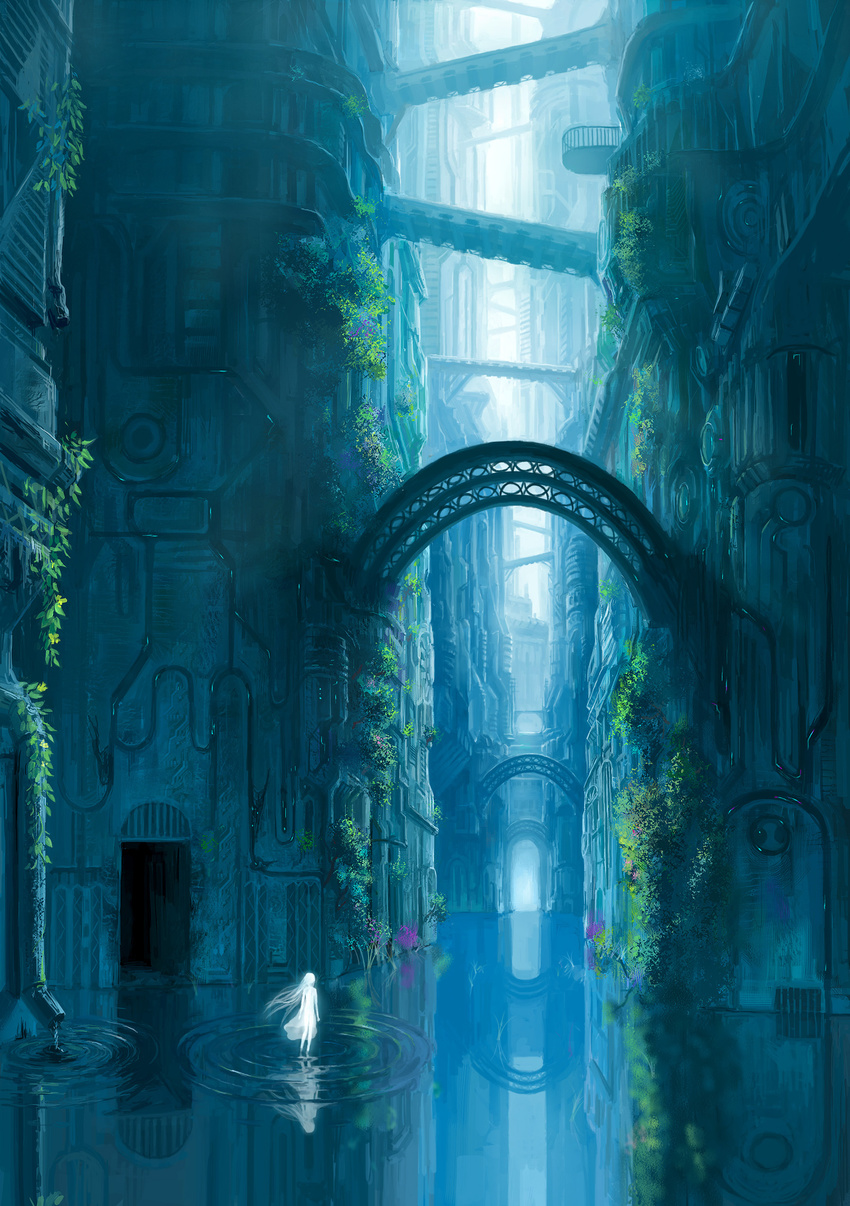 absurdres arch building city cityscape denki dress highres making_of original overgrown plant reflection ripples scenery solo wading walking walking_on_liquid water