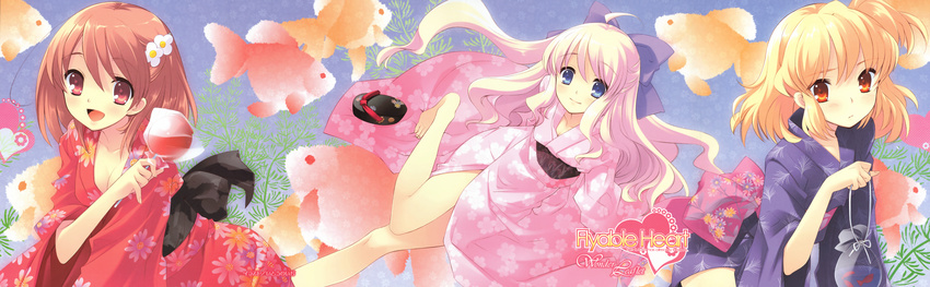 absurdres barefoot bow breasts candy_apple cleavage fish floral_print flower flyable_heart food goldfish hair_bow hair_flower hair_ornament highres image_sample inaba_yui itou_noiji japanese_clothes kimono legs medium_breasts minase_sakurako multiple_girls pink_kimono print_kimono purple_kimono red_kimono replaceme sumeragi_amane yandere_sample yukata