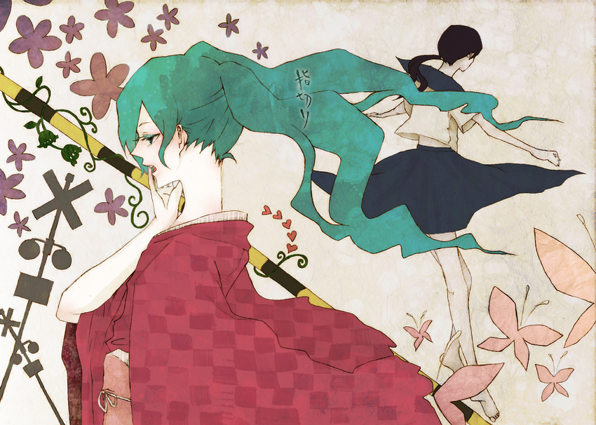 87_(hana) aqua_eyes aqua_hair back barefoot black_hair bug butterfly colored_eyelashes eyelashes flower hand_to_own_mouth hatsune_miku insect japanese_clothes kimono long_hair multiple_girls open_mouth ponytail profile railroad_crossing school_uniform serafuku skirt twintails vocaloid wind yubikiri_(vocaloid)