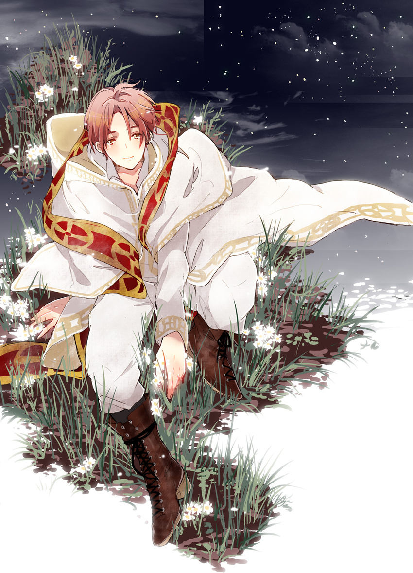 ahoge axis_powers_hetalia bad_id bad_pixiv_id boots brown_hair daisy flower highres male_focus northern_italy_(hetalia) simekirikowai sitting solo