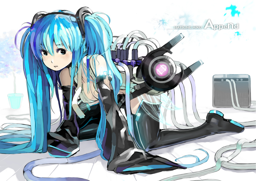 all_fours aqua_eyes aqua_hair bad_id bad_pixiv_id bare_shoulders belt black_legwear cable detached_sleeves hatsune_miku hatsune_miku_(append) highres long_hair long_sleeves nauribon necktie solo thighhighs twintails very_long_hair vocaloid vocaloid_append