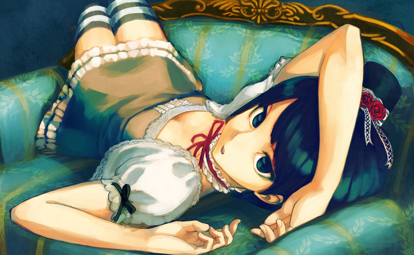 :o arm_up bad_id bad_pixiv_id black_eyes black_hair choker couch dackq downblouse dress hat looking_back lying mini_hat mini_top_hat on_back original ribbon ribbon_choker solo thighhighs top_hat