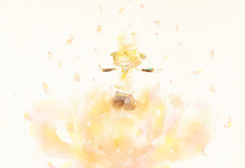 7mm bad_id bad_pixiv_id belt blonde_hair bow closed_eyes detached_sleeves flower hair_bow hair_ornament hairclip kagamine_rin navel outstretched_arms petals short_hair shorts smile solo spread_arms vocaloid yellow
