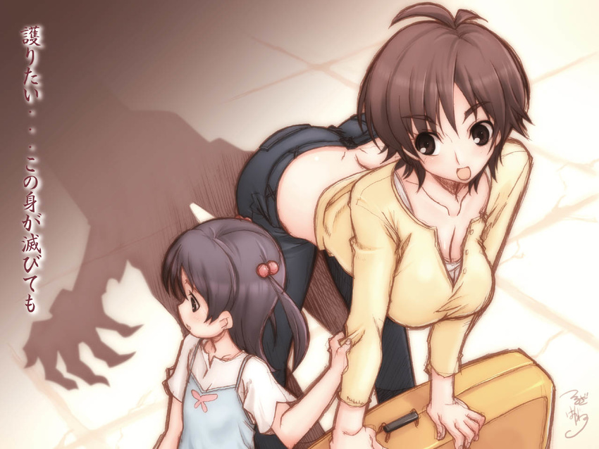 amaha_masane amaha_rihoko breasts brown_eyes brown_hair casual cleavage hair_bobbles hair_ornament hanging_breasts large_breasts leaning_forward mature mother_and_daughter multiple_girls purple_hair shadow short_hair suitcase translated tsurugi_hagane two_side_up wallpaper witchblade
