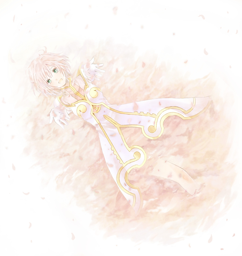 absurdres bad_id bad_pixiv_id estellise_sidos_heurassein flower green_eyes highres pale_color petals pink pink_hair riyuko_(kaioushin) smile solo tales_of_(series) tales_of_vesperia white white_background