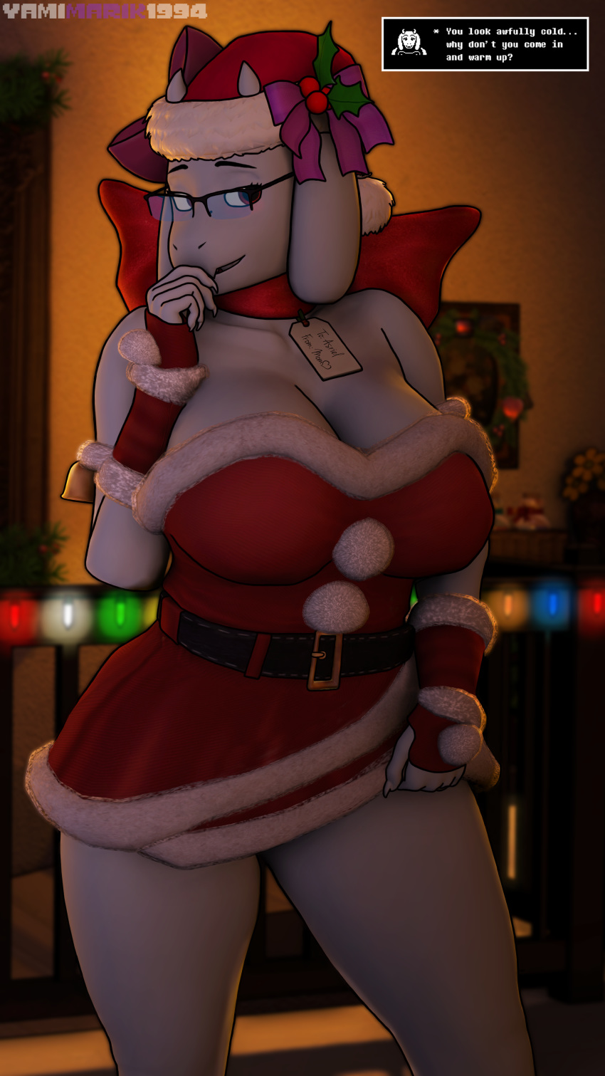 2018 3d_(artwork) 5_fingers anthro big_breasts blush boss_monster bow breasts caprine christmas claws clothed clothing dialogue digital_media_(artwork) dress eyewear female fur glasses gloves goat hat hi_res holidays horn long_ears looking_at_viewer mammal mature_female open_mouth red_eyes ribbons santa_hat smile solo source_filmmaker standing teeth text thick_thighs toriel undertale video_games voluptuous white_fur wreath yamimarik1994