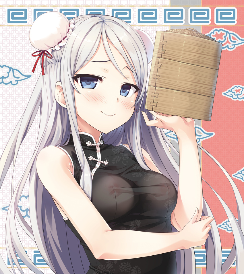 absurdres bamboo_steamer bangs bare_arms bare_shoulders black_dress blue_eyes blush breasts bun_cover china_dress chinese_clothes closed_mouth covered_nipples cura double_bun dress eyebrows_visible_through_hair fingernails hand_up highres holding houshou_kisaki large_breasts long_hair looking_at_viewer maitetsu nipples no_bra see-through side_bun silver_hair sleeveless sleeveless_dress smile solo very_long_hair