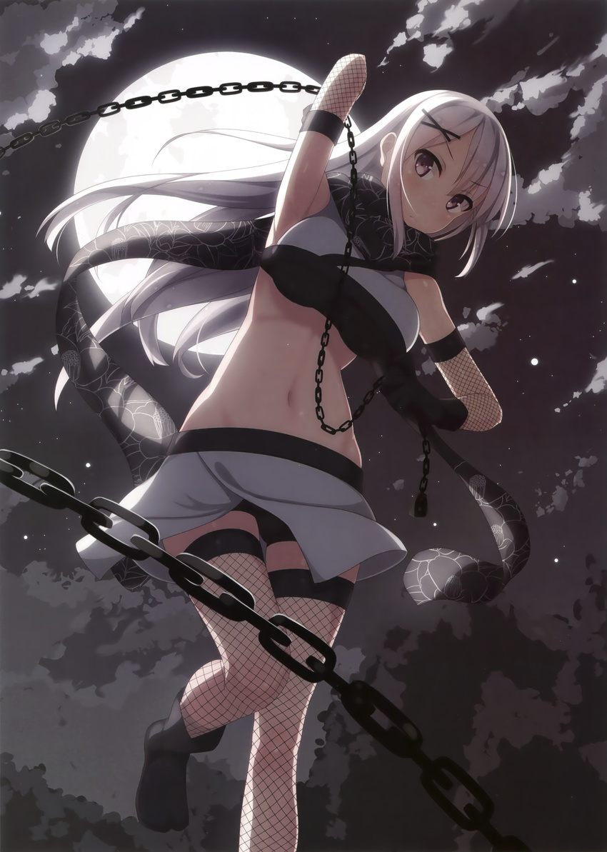 absurdres arm_up armpits black_gloves black_shorts breasts chain cloud crop_top fishnets floating_hair from_below full_body gloves groin hair_ornament highres leg_up long_hair medium_breasts midriff navel night original outdoors samegami short_shorts shorts silver_hair solo stomach very_long_hair