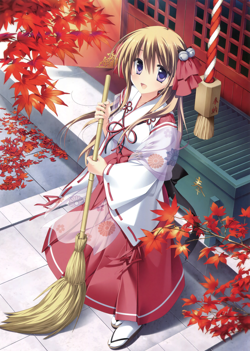 :d absurdres bell blonde_hair day floating_hair floral_print from_above full_body hair_bell hair_between_eyes hair_ornament hakama highres holding japanese_clothes kimono long_hair looking_at_viewer matsushita_makako open_mouth original outdoors purple_eyes red_hakama ribbon-trimmed_sleeves ribbon_trim see-through smile solo standing very_long_hair white_kimono white_legwear