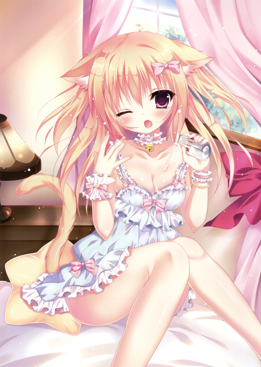 ;&lt; absurdres animal_ears bangs bell blonde_hair bottle bow bracelet breasts cat_ears choker cleavage cream curtains dress eyebrows_visible_through_hair hair_between_eyes hair_bow heart highres himemiya_niina holding jewelry knees_together_feet_apart lamp long_hair medium_breasts milk_bottle non-web_source original pillow pink_bow pink_curtains plant purple_eyes scan solo table tail wall window